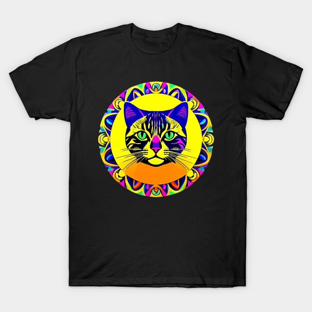 New Age Tabby Cat Inside A Yellow Mandala T-Shirt by funfun